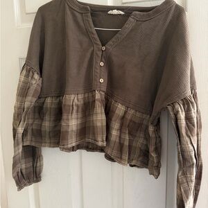 Promesa Olive Green Plaid Peplum Henley Top